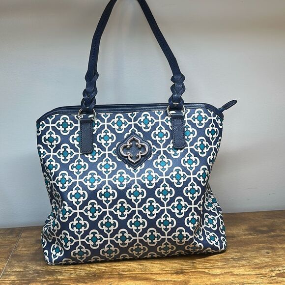 Brighton Renata Blue Medallion Tote Shoulder Bag Handbag Purse Coated Canvas - Picture 1 of 12